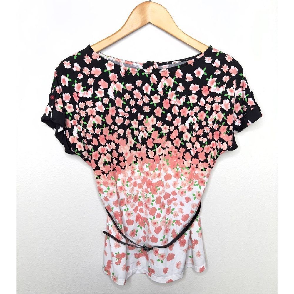 New York & Company Womens Pink Black Floral Short Sleeve Top Belted Blouse Small